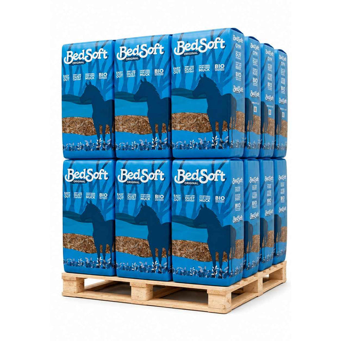 Full pallet of 24 Bedsoft Original 16kg chopped wheat straw bedding bales stacked and wrapped
