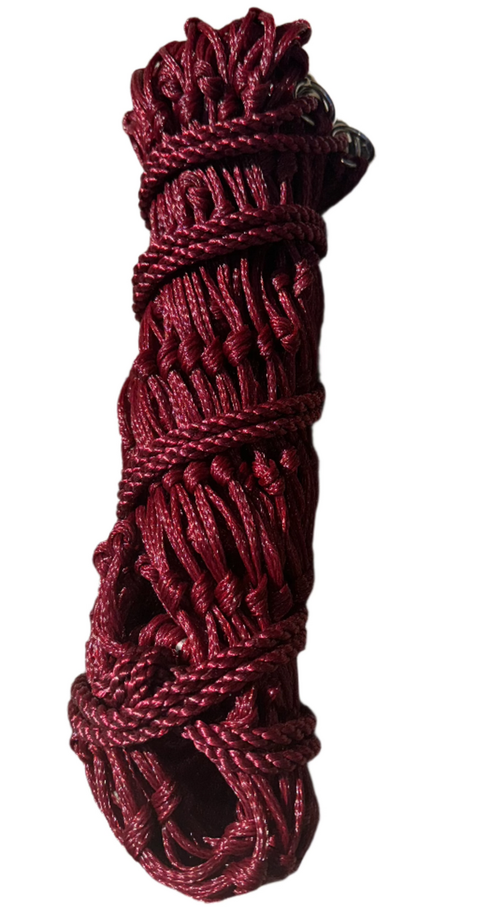 KM Elite Deluxe haynet in burgundy, 40 inch size with 2 inch mesh holes and metal rings at the neck