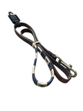 KM Elite Argentinian dog lead in honey leather with a navy and white woven polo-belt pattern along the strap