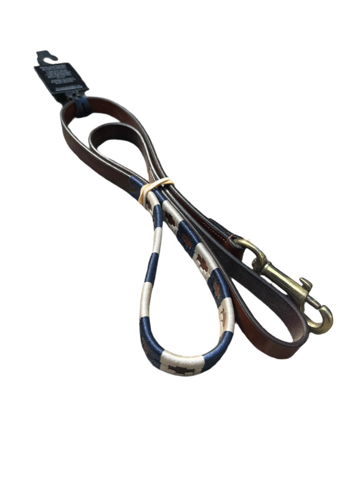 KM Elite Argentinian dog lead in honey leather with a navy and white woven polo-belt pattern along the strap