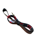 KM Elite Argentinian dog lead in honey leather with a navy, red and white polo-belt pattern and a trigger clip