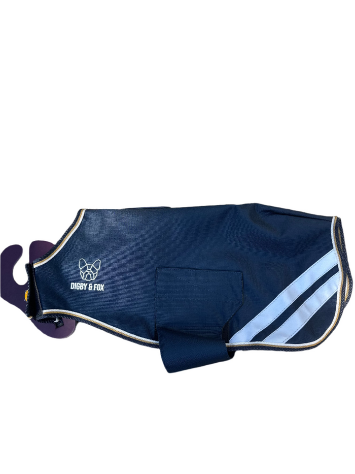Digby & Fox Lite waterproof dog coat in navy with contrast trim and reflective side strip