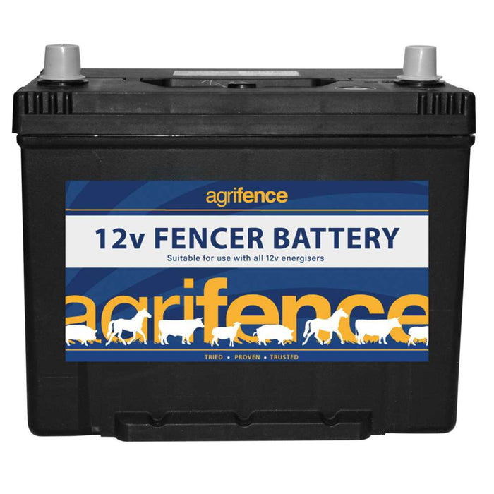 Agrifence 12V rechargeable deep cycle leisure battery for electric fence energisers, black case with terminal posts