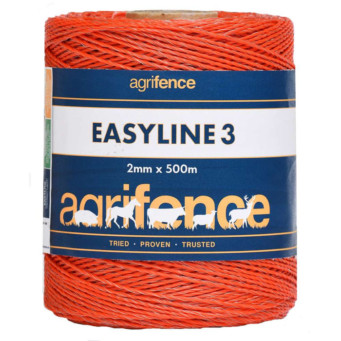 Agrifence Easyline 3 orange polywire on a 500m reel, thin 2mm electric fence wire with conductive strands