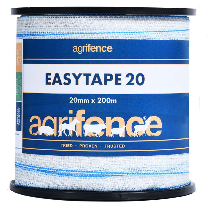 Agrifence Easytape white 20mm electric fence tape on a 200m reel, wide poly mesh tape for horse paddocks
