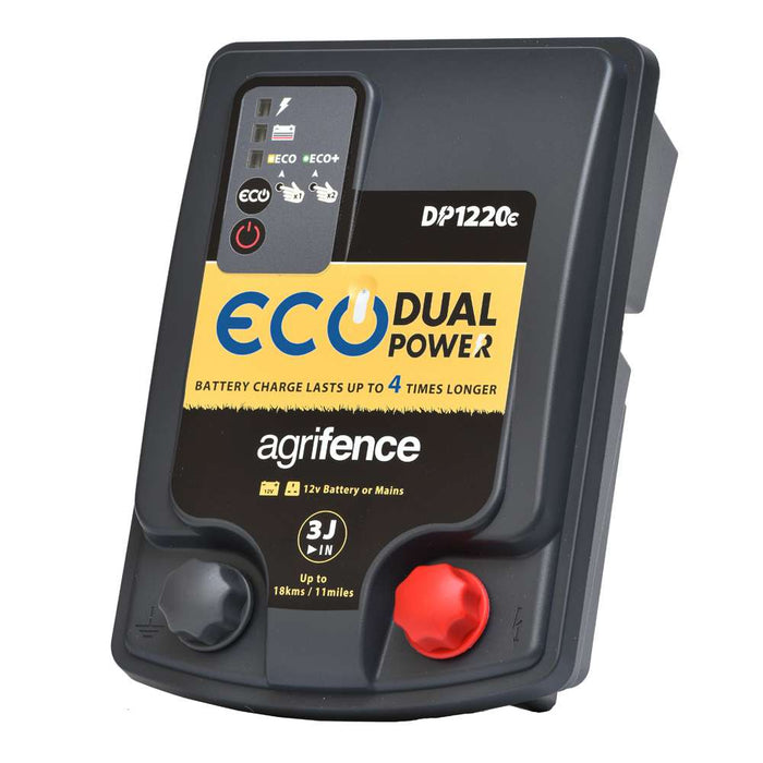 Agrifence Eco Dual Power DP1205E electric fence energiser, dual power unit with mains adaptor and earth stake