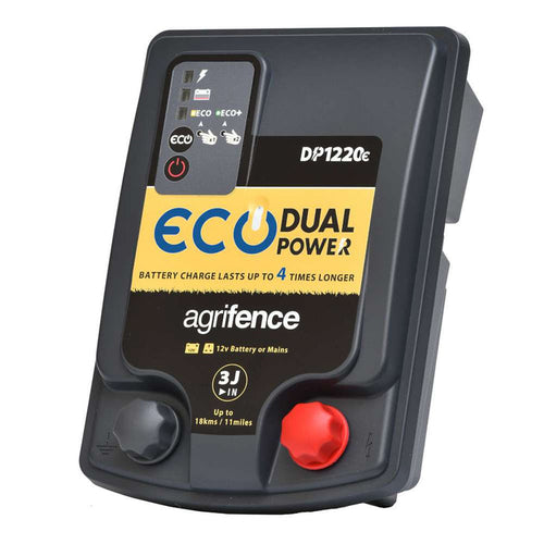 Agrifence Eco Dual Power DP1210E electric fence energiser with pulse and low battery indicators, mains or 12V