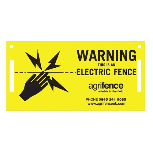 Agrifence electric fence warning sign, yellow and black hazard sign for fence lines beside public rights of way