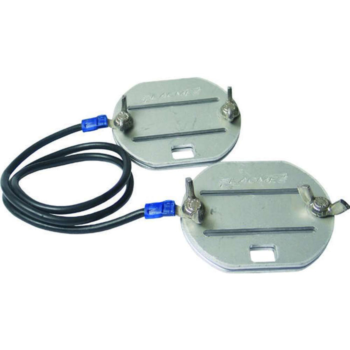 Agrifence line to line connector for electric fence tape, aluminium clamp plates joined by a 60cm lead