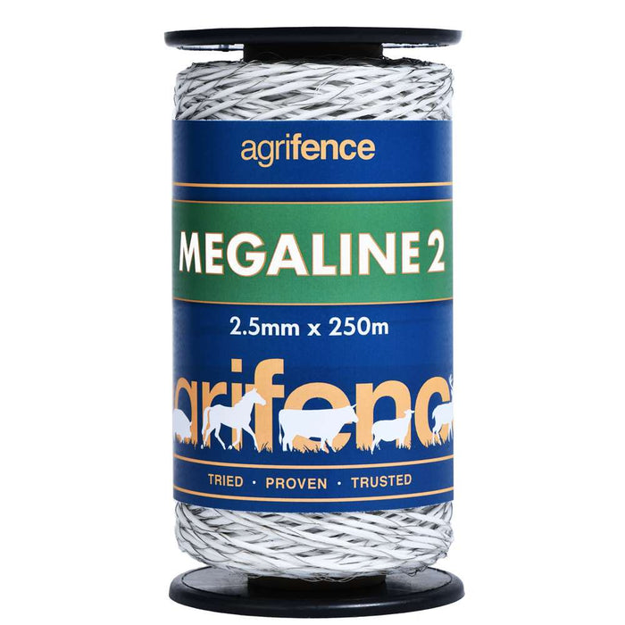 Agrifence Megaline 2 superior polywire, 2.5mm white electric fence line on a 250 metre roll