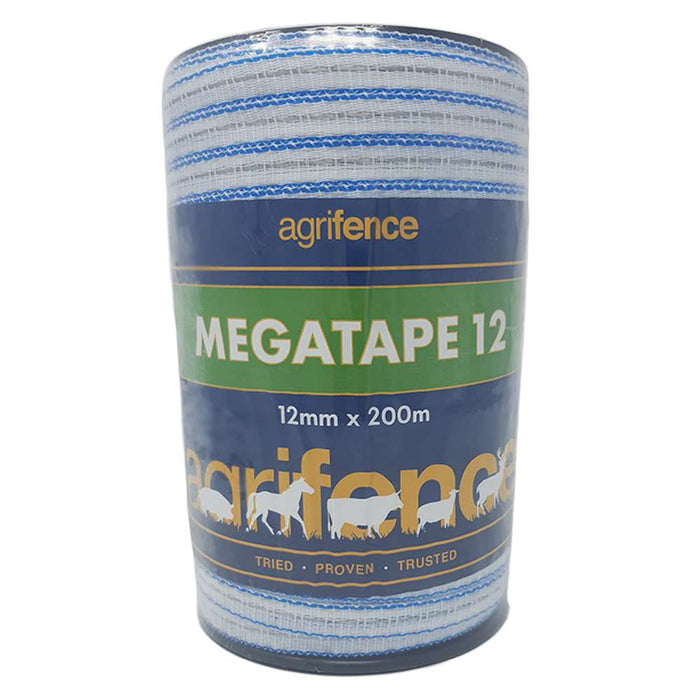 Agrifence Megatape reinforced white electric fence tape, 12mm wide on a 200 metre roll