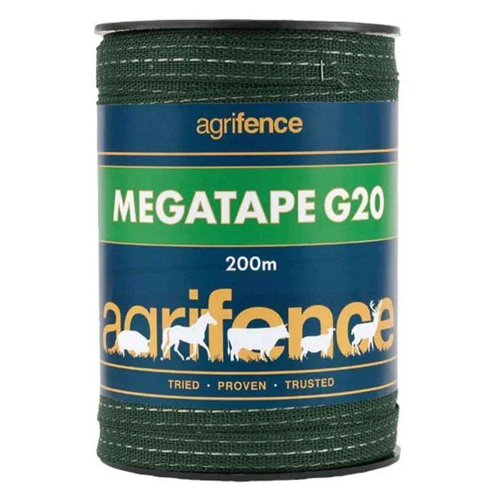 Agrifence Megatape G20 green reinforced electric fence tape, 20mm wide, on a 200m roll