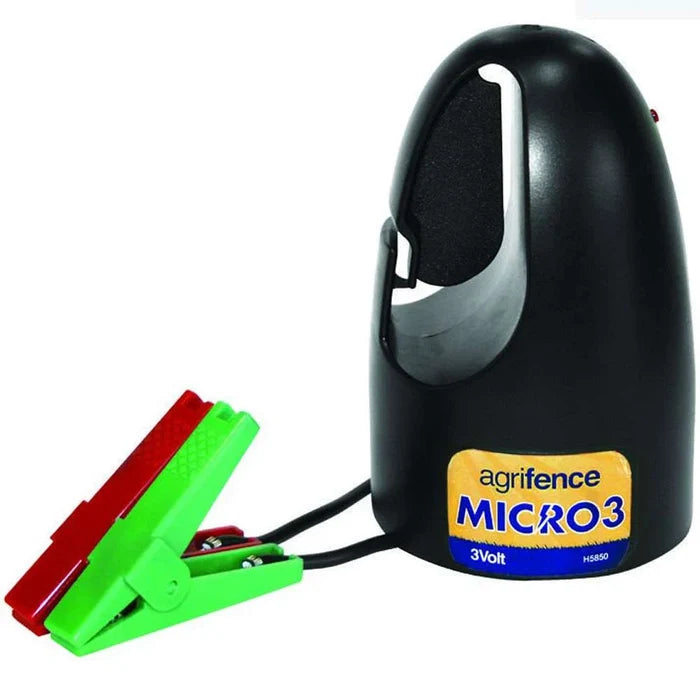Agrifence Micro 3 battery fence energiser, portable 3V electric fence unit supplied with connection leads