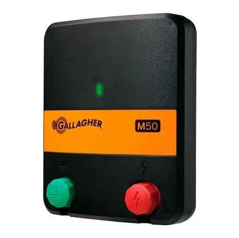 Mains powered electric fence energiser unit with fence and earth terminals, wall mounted indoor housing