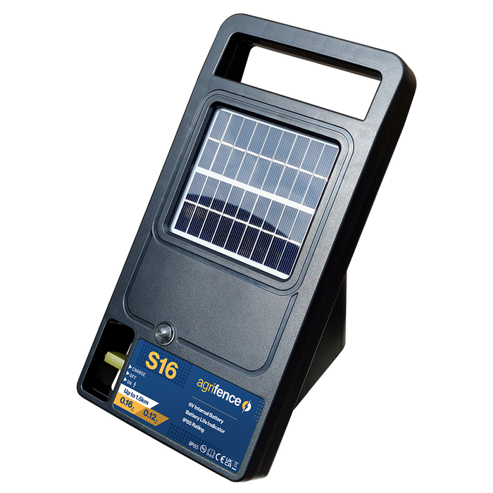Agrifence S16 solar powered electric fence energiser with integrated solar panel on its mounting post