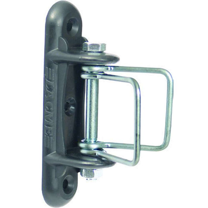 Agrifence tape end and corner tensioner, screw-on insulator with swinging buckles for electric fence tape