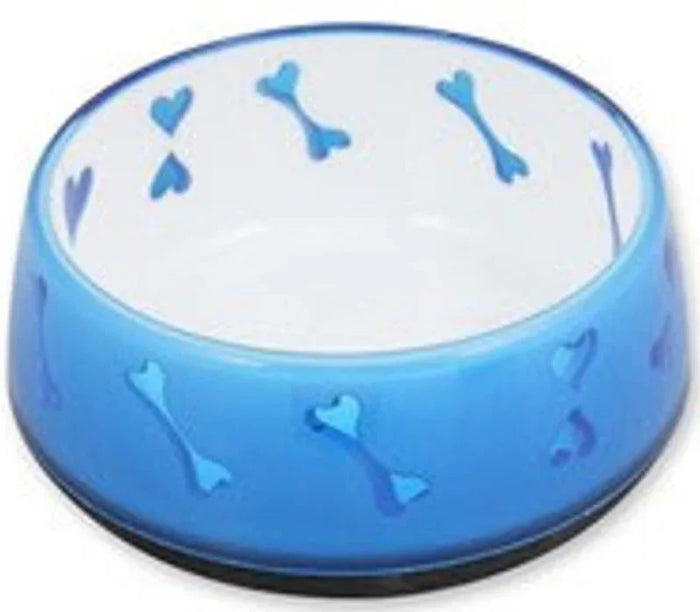 Blue All For Paws dog bowl with a moulded bone and heart pattern around the sides, shown from above