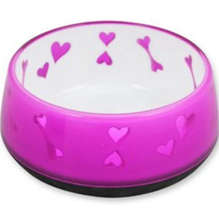 Pink All For Paws dog bowl with a moulded bone and heart pattern, the large size in the range