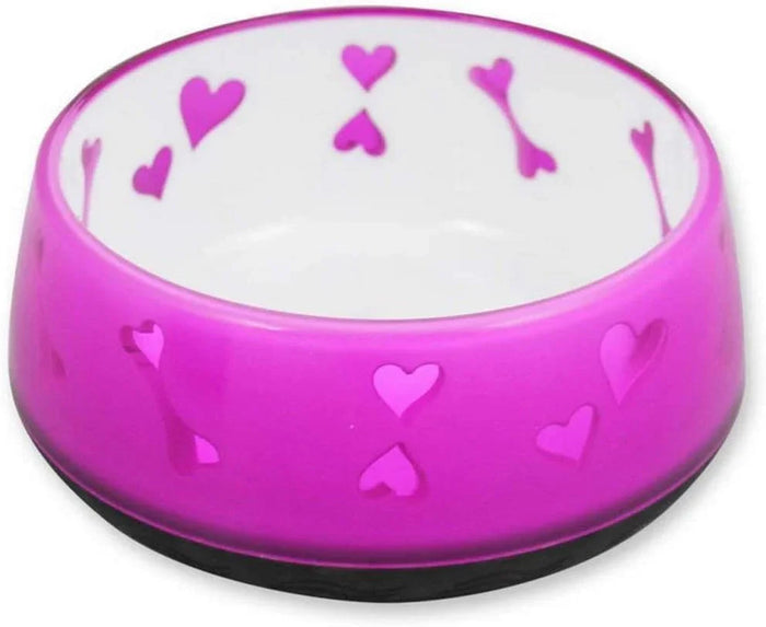 Pink All For Paws dog bowl patterned with moulded bones and hearts, medium size, viewed from above