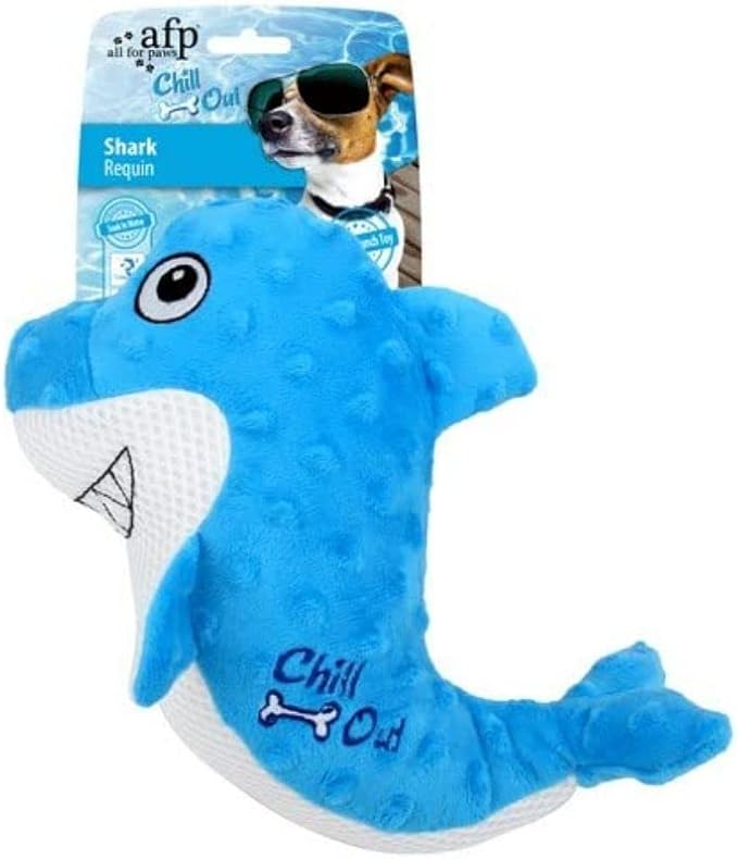All For Paws Chill Out shark, a soft water-soak cooling toy for dogs shaped as a shark