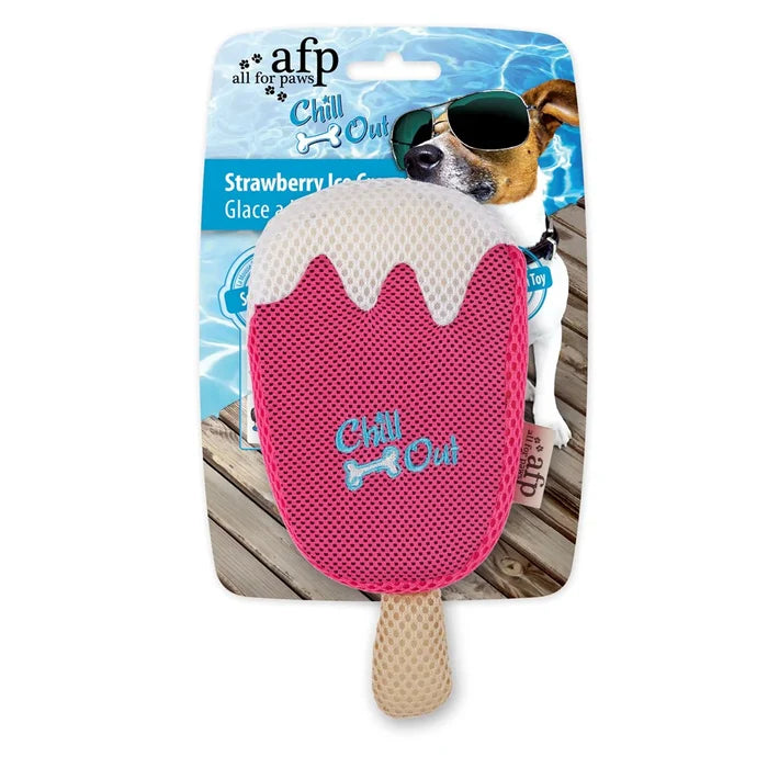 All For Paws Chill Out strawberry ice cream soaker dog toy, soft cone and scoop shape in pink