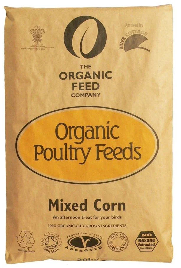 Organic Feed Company mixed corn from Allen & Page, 20kg sack of organic poultry scratch feed