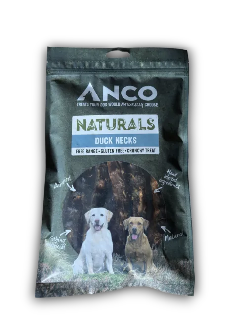 Anco Duck Necks 5 pack, whole air-dried duck necks shown in their Anco pack