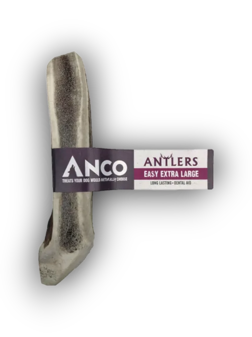 Anco Easy Antlers Extra Large, a naturally shed deer antler split lengthways to expose the marrow, in Anco packaging