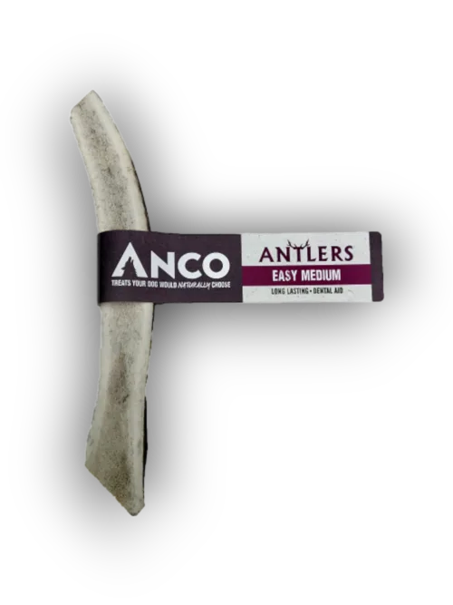 Anco Easy Antlers Medium, a single deer antler halved lengthways with the marrow exposed, shown in its Anco pack