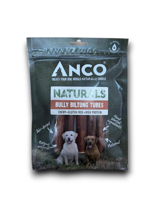 Anco Naturals bully biltong tubes, hollow air-dried beef gullet chews in a five-piece pack