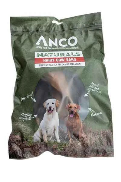 Anco Naturals hairy cow ears, air-dried whole beef ears with the hair left on, 3 pack