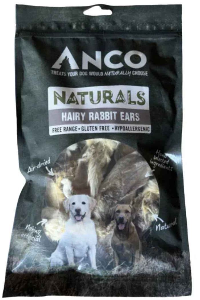Anco Naturals hairy rabbit ears, air-dried rabbit ears with the fur left on, 100g pack