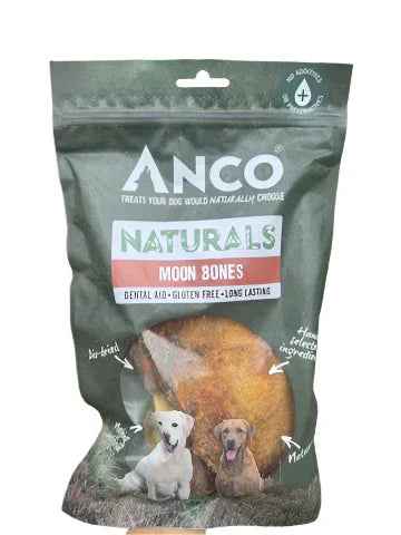 Anco Naturals Moon Bone, a crescent-shaped ring of air-dried beef cartilage dog chew