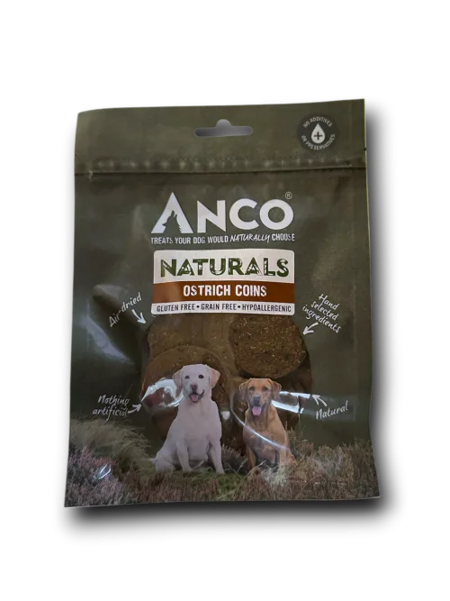 Anco Naturals Ostrich Coins 85g pack, small soft ostrich meat discs for dog training
