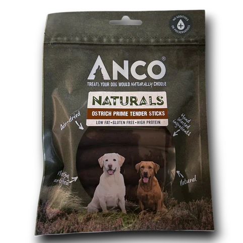 Anco Naturals Ostrich Prime Meat Sticks, pack of five soft chewy ostrich meat sticks