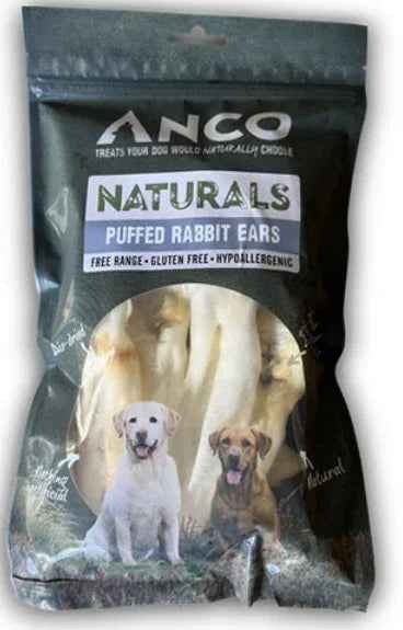 Anco Naturals puffed rabbit ears, light crisp rabbit ear dog treats in a 100g pack