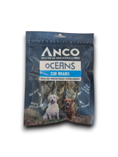 Anco Oceans Cod Braids 100g bag of plaited air-dried cod skin dog chews