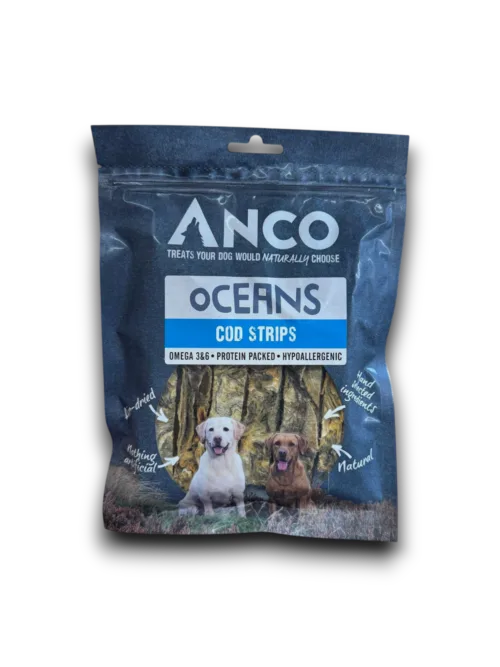Anco Oceans Cod Strips 85g bag of flat air-dried cod skin treats for dogs
