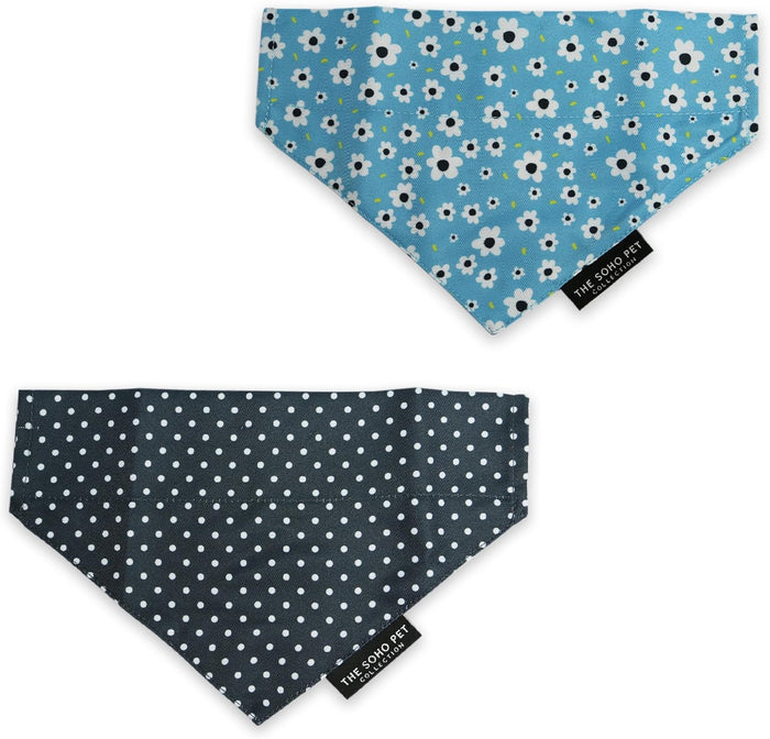 Ancol SOHO dog bandana set in blue daisy and navy polka dot prints, recycled fabric, fits any collar
