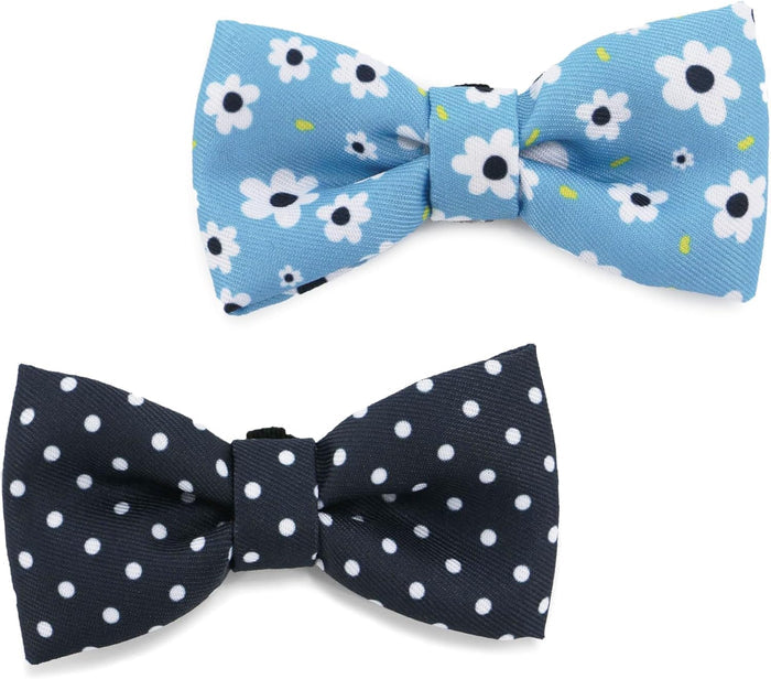 Ancol SOHO dog bow tie set, one blue daisy and one navy polka dot, recycled fabric, collar-mounted