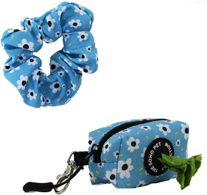 Ancol SOHO Daisy poop bag dispenser with matching hair scrunchie in blue daisy recycled fabric