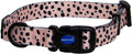 Ancol SOHO Dalmatian dog collar, pale pink recycled webbing with hand-drawn black spots, adjustable