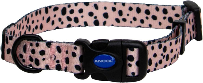 Ancol SOHO Dalmatian dog collar, pale pink recycled webbing with hand-drawn black spots, adjustable