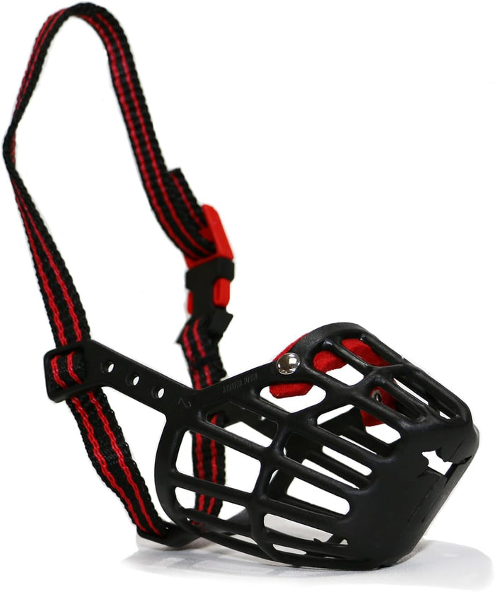 Ancol Obedia basket muzzle in black and red, open basket construction so a dog can pant and drink