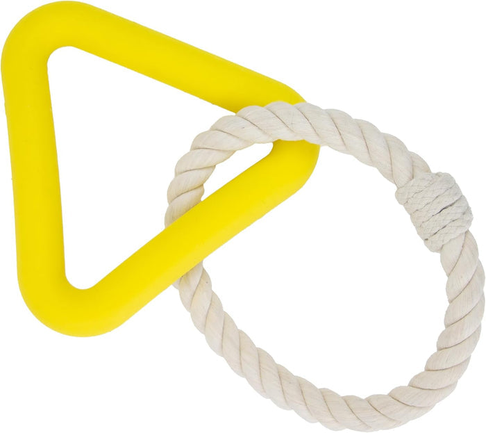 Ancol Playtime Natural Ropey Triangle in yellow, 26cm recycled cotton rope with natural rubber sections