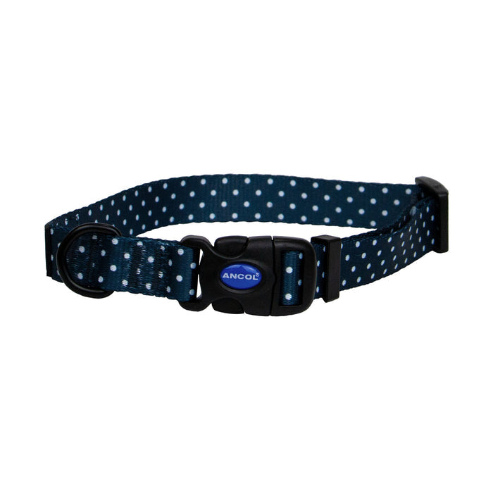 Ancol SOHO Polka Dot dog collar in navy with white dots, adjustable recycled webbing made in the UK