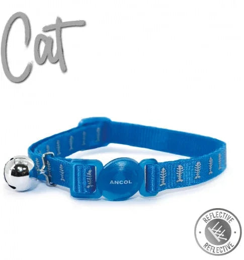 Ancol reflective fish cat collar in gloss blue, 20.5-34cm, break-away buckle and XL warning bell