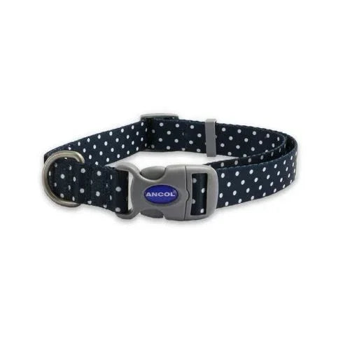 Ancol SOHO Polka Dot dog collar in navy, large, 45-70cm neck on 2.5cm recycled webbing
