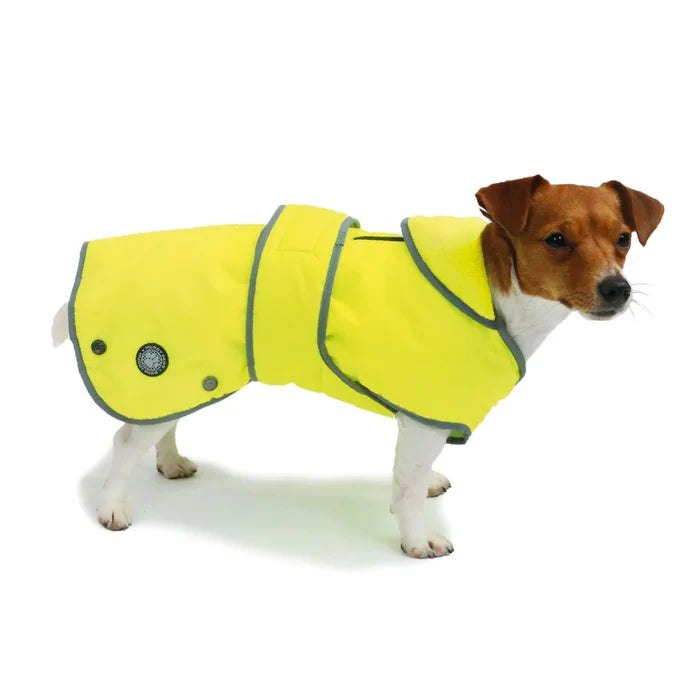 Ancol Stormguard hi-vis dog coat, waterproof fleece-lined jacket with chest protector and reflective tape