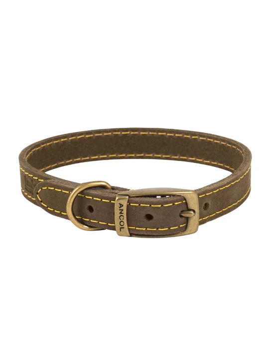 Ancol Timberwolf sable bridle leather dog collar with buckle fastening and stitched edges